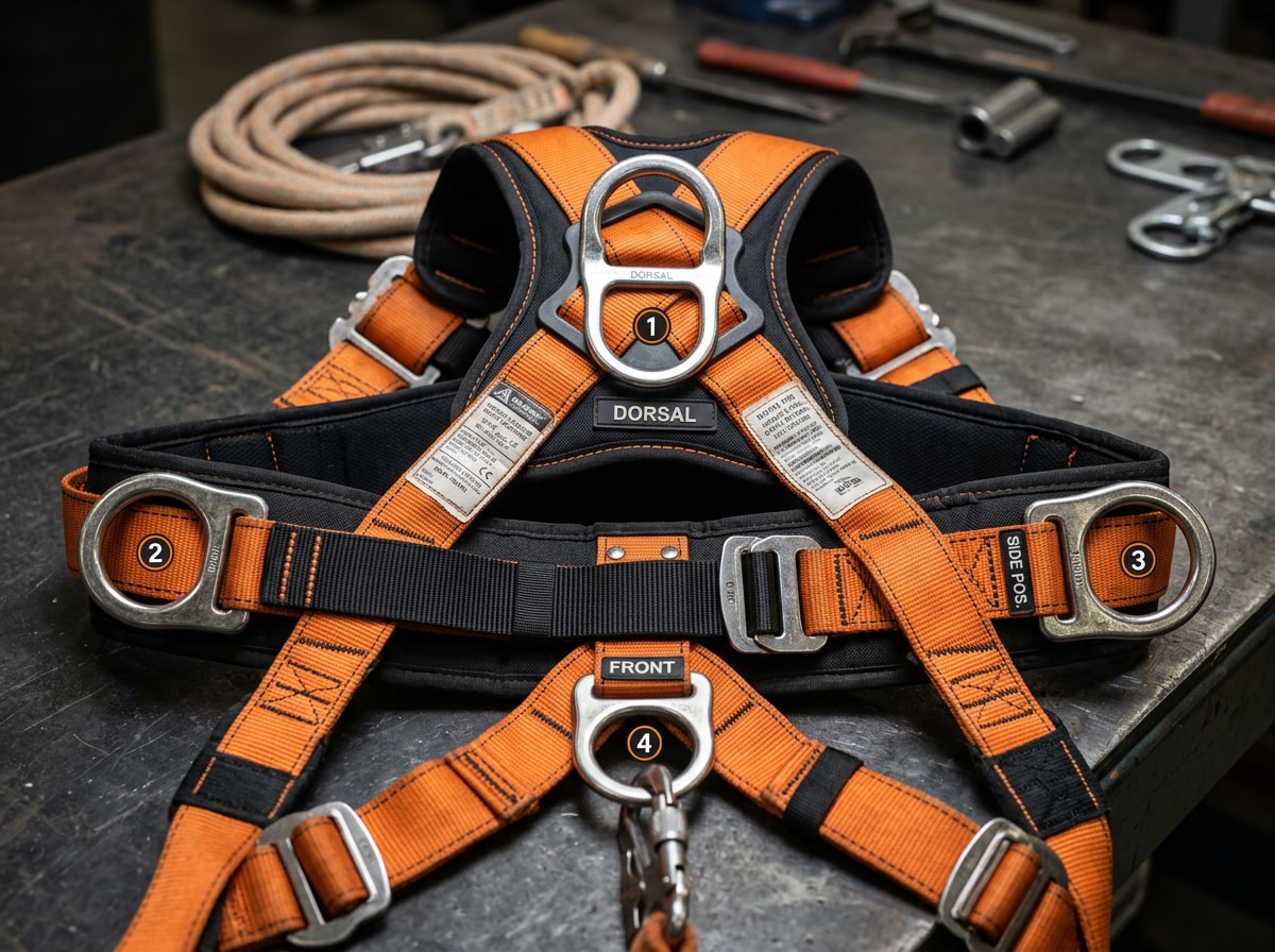 Diagram showing back, side, front, and shoulder D-ring locations on a roofing harness