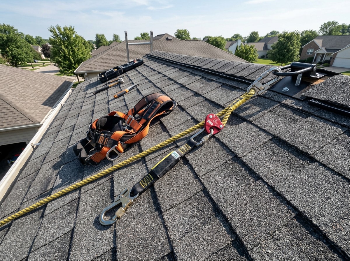 Step-by-step photo sequence of a roofer donning a harness and clipping into the anchor and lifeline