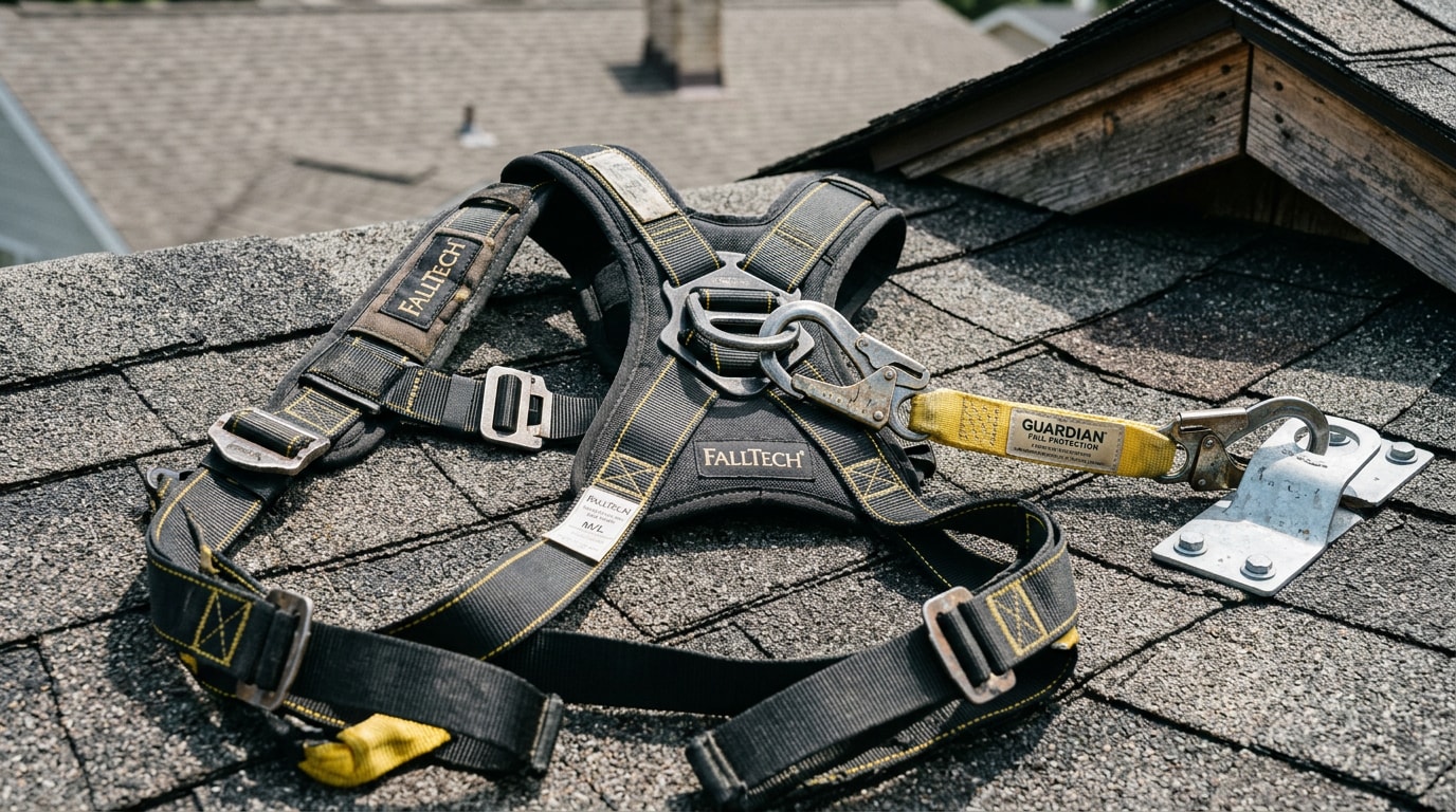 Full-body roofing safety harness laid out on a shingle roof with lanyard clipped to an anchor Full-body roofing safety harness laid out on a shingle roof with lanyard clipped to an anchor