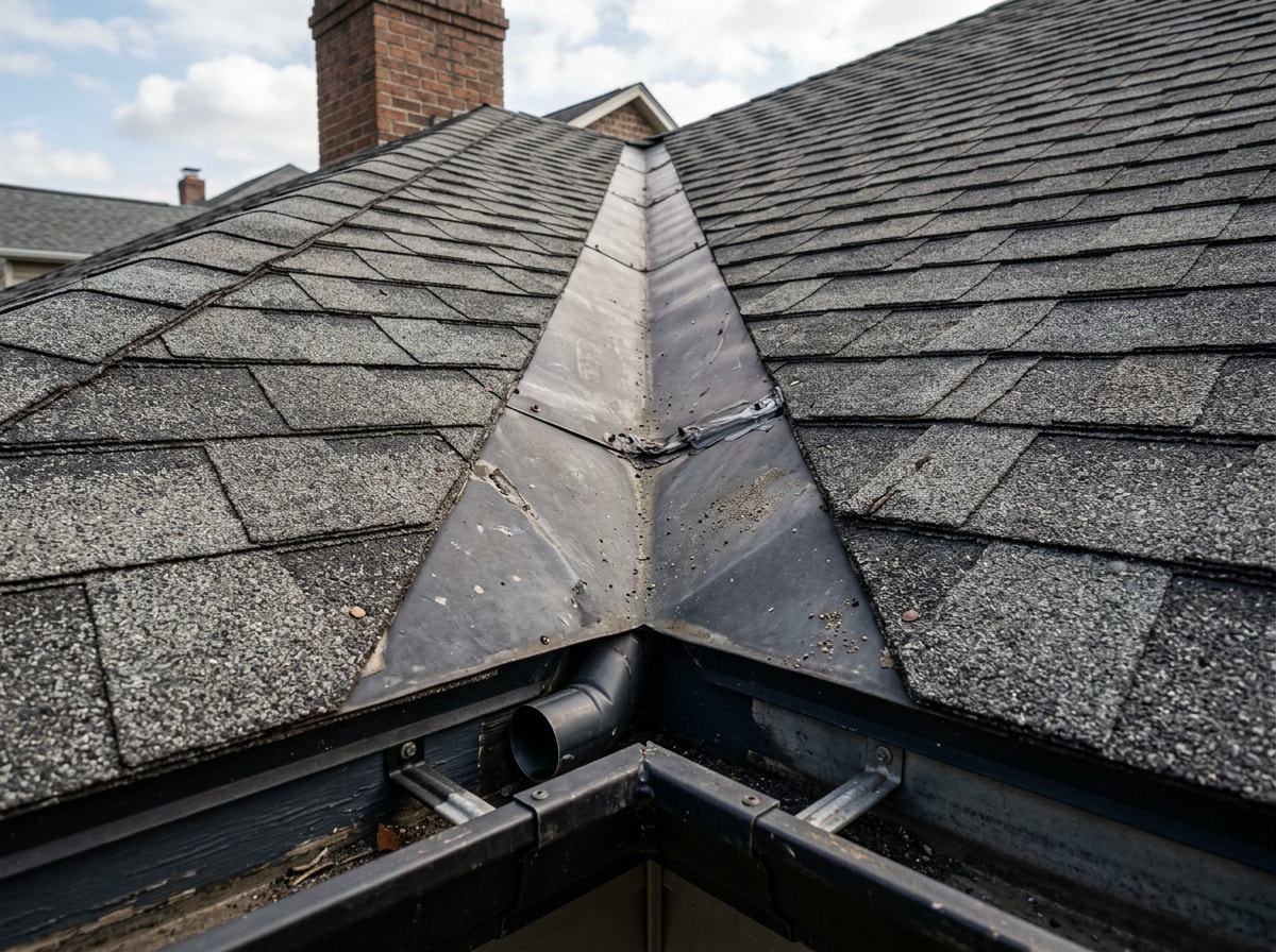 Close-up of asphalt shingle roof valley showing flashing seams and minor granule loss