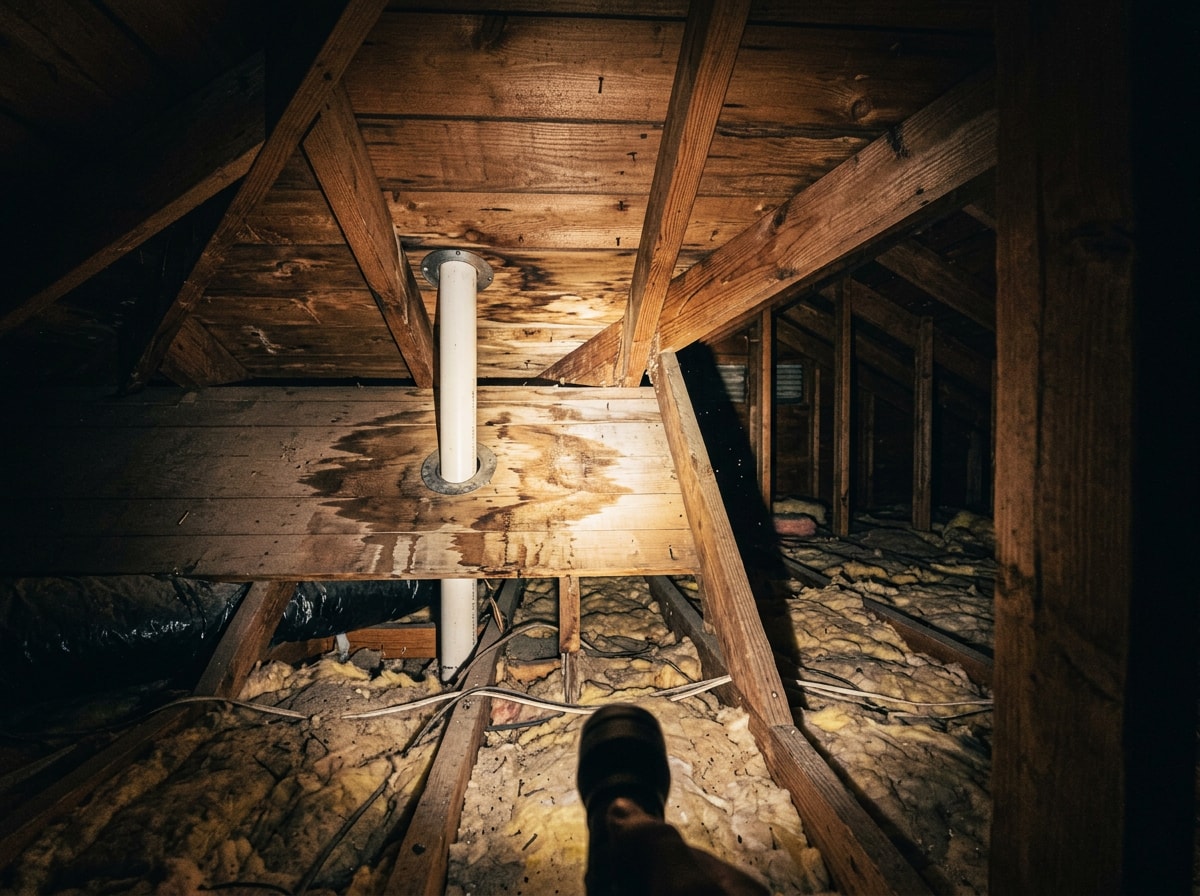 Attic rafters and roof decking viewed with a flashlight showing a water stain near a vent pipe