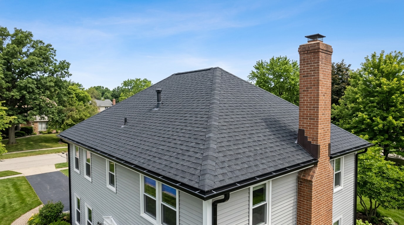 Well-maintained asphalt shingle roof with intact flashing and clean gutters under a clear sky Well-maintained asphalt shingle roof with intact flashing and clean gutters under a clear sky