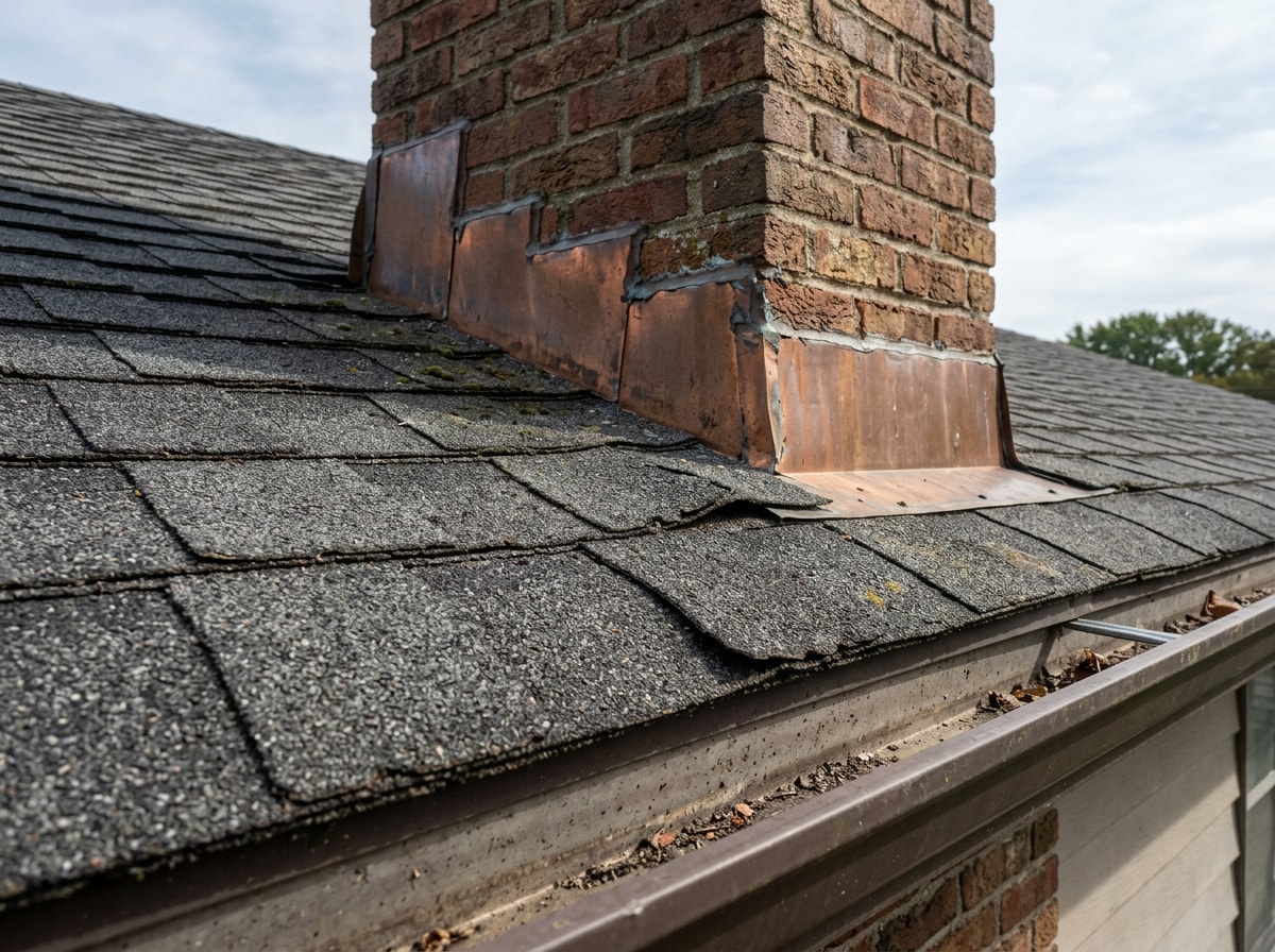 Roofing contractor inspecting shingles, flashing, and gutters on a residential roof