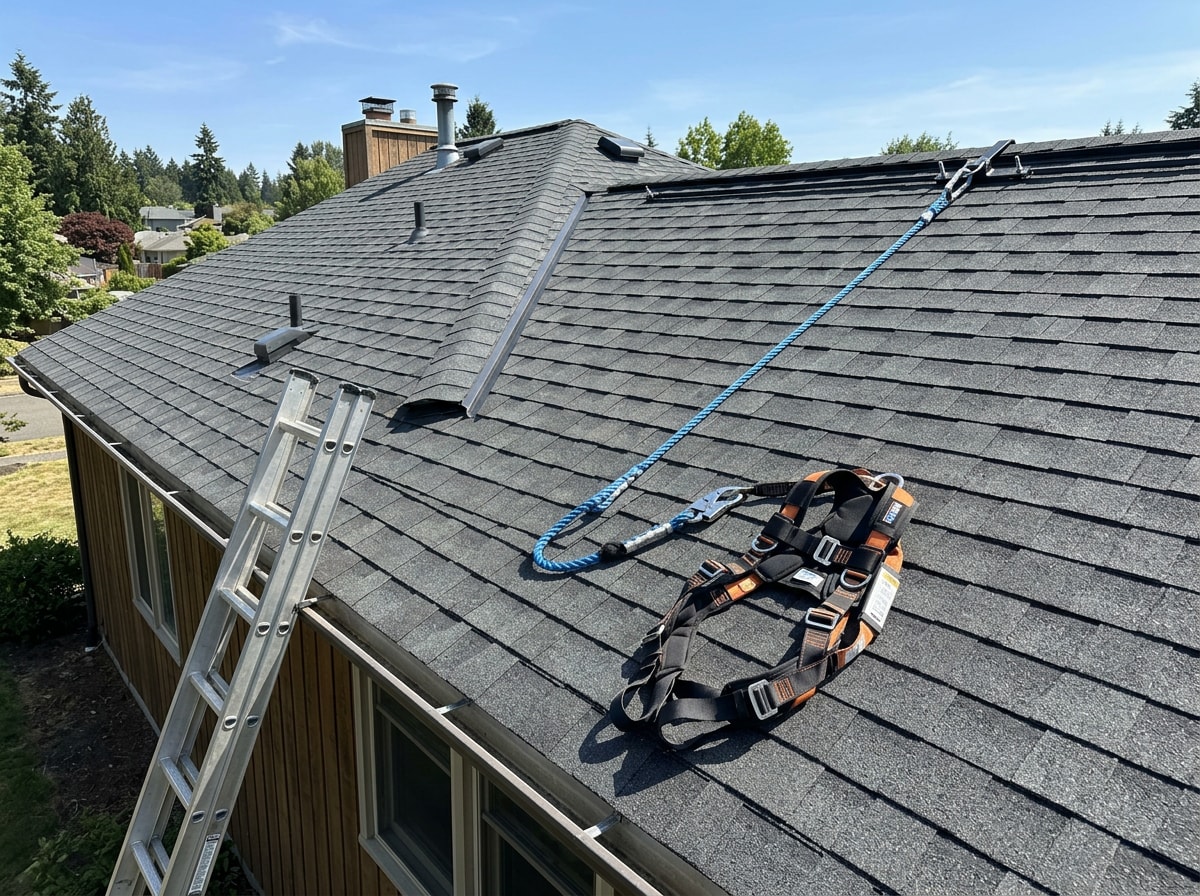 Roofing inspector wearing fall protection equipment while checking a sloped roof