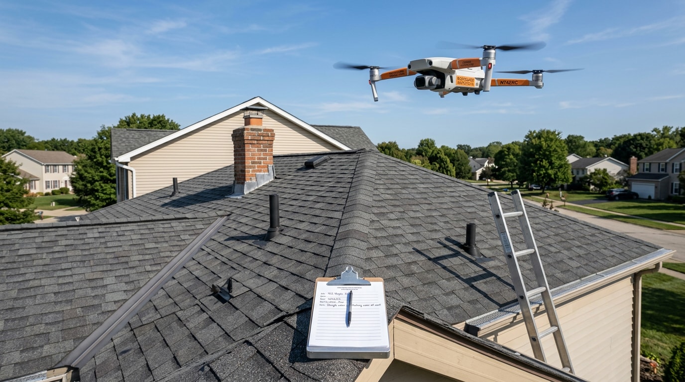 Drone conducting a roofing inspection above a suburban home