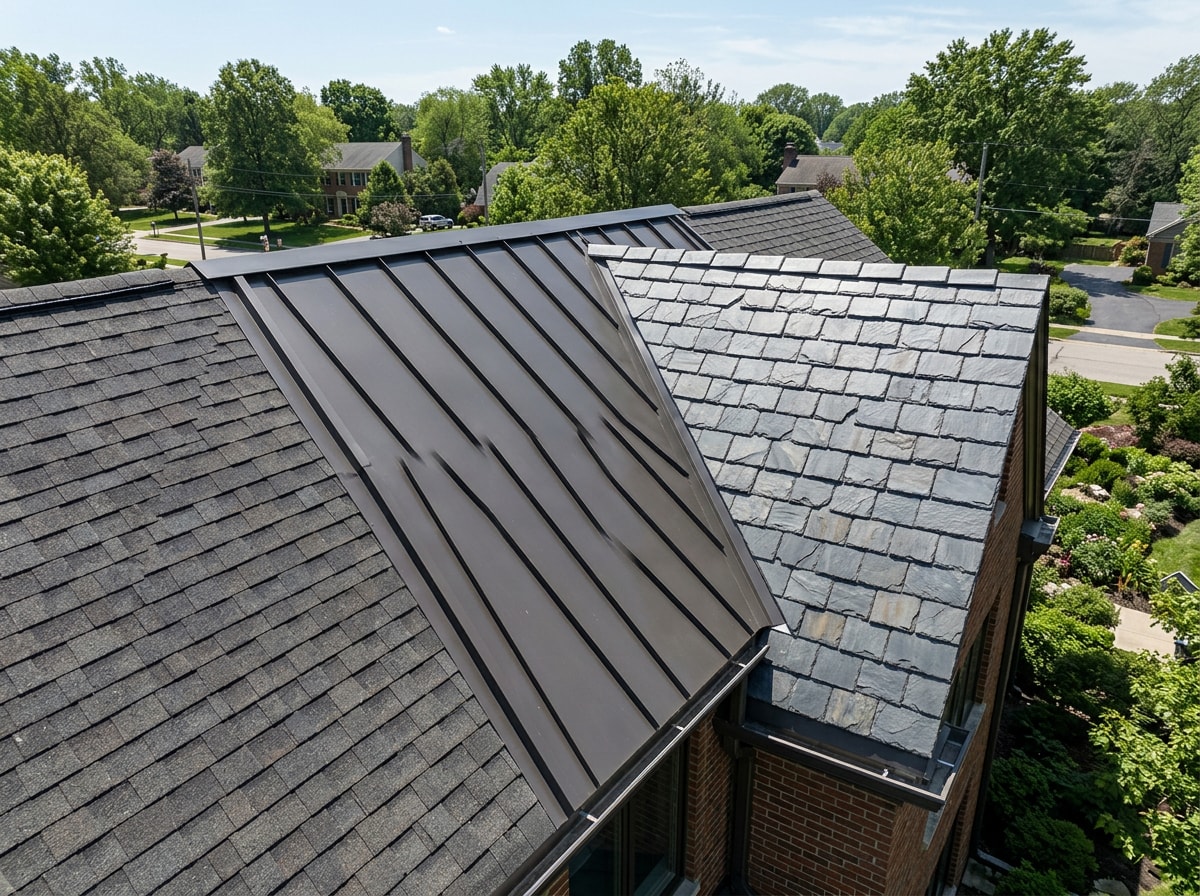 Side-by-side comparison of asphalt shingle, standing seam metal, and synthetic slate roofing sections on adjacent home rooflines