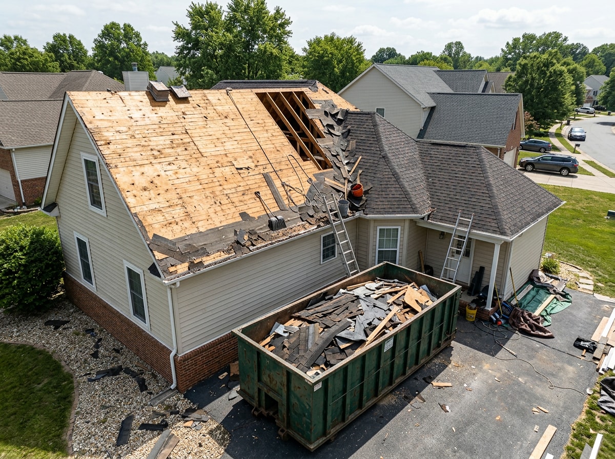 Dumpster loaded with torn-off asphalt shingles beside a residential home mid-roof-replacement