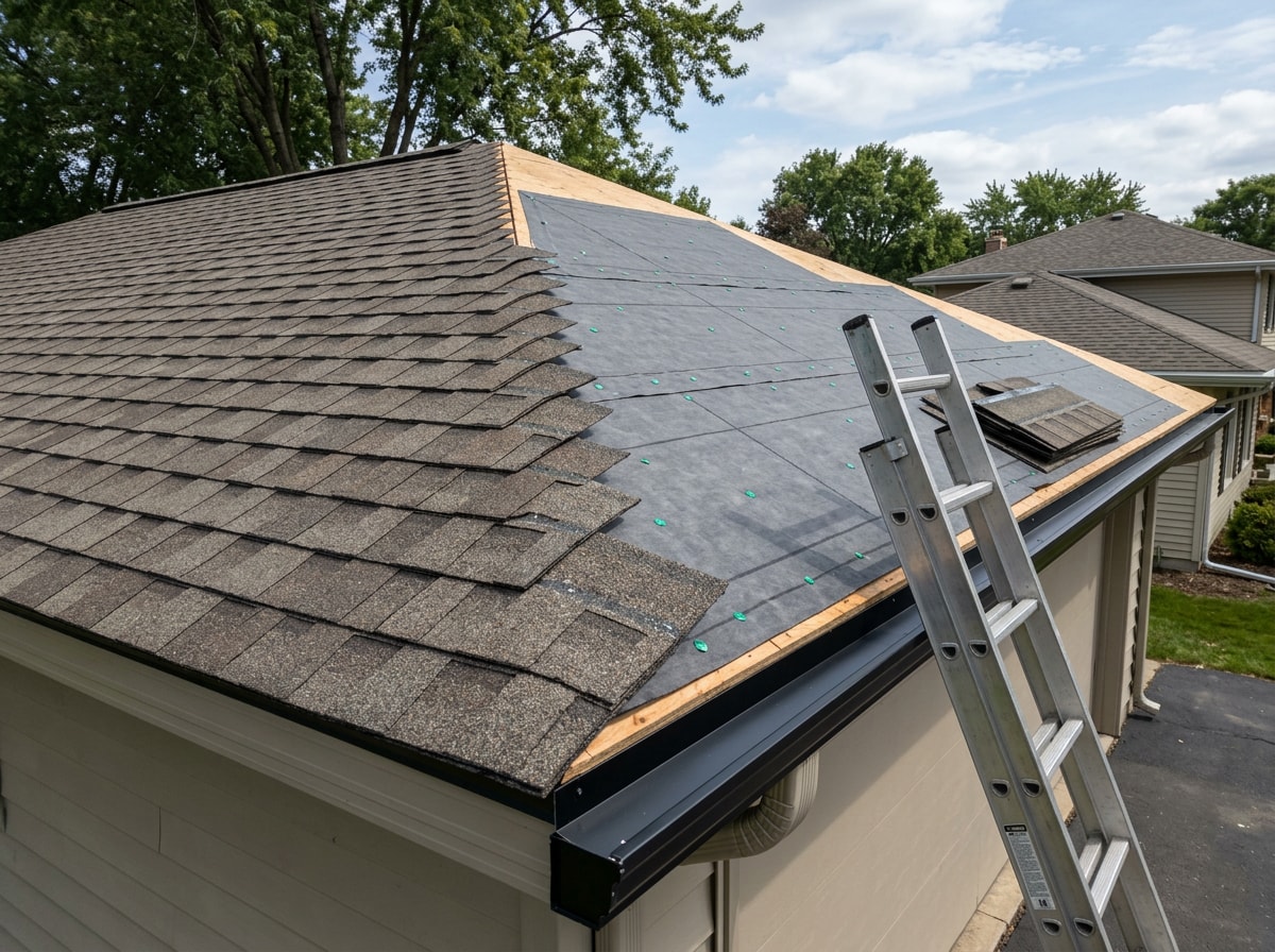 Professional roofing crew mid-installation of new architectural asphalt shingles on a residential roof