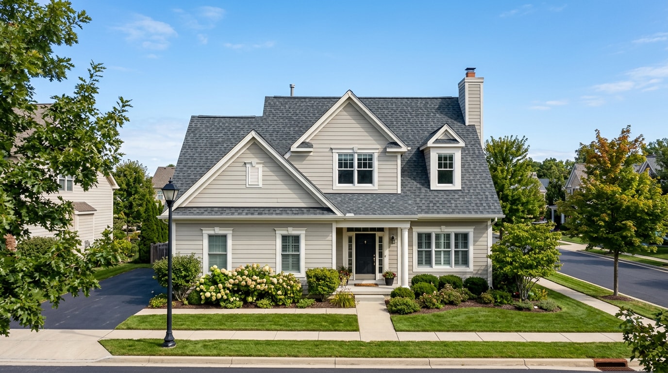 Newly replaced asphalt shingle roof on a suburban home