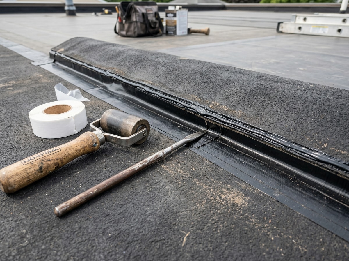 local rubber roofing contractor inspecting an EPDM flat roof seam on a Colorado home