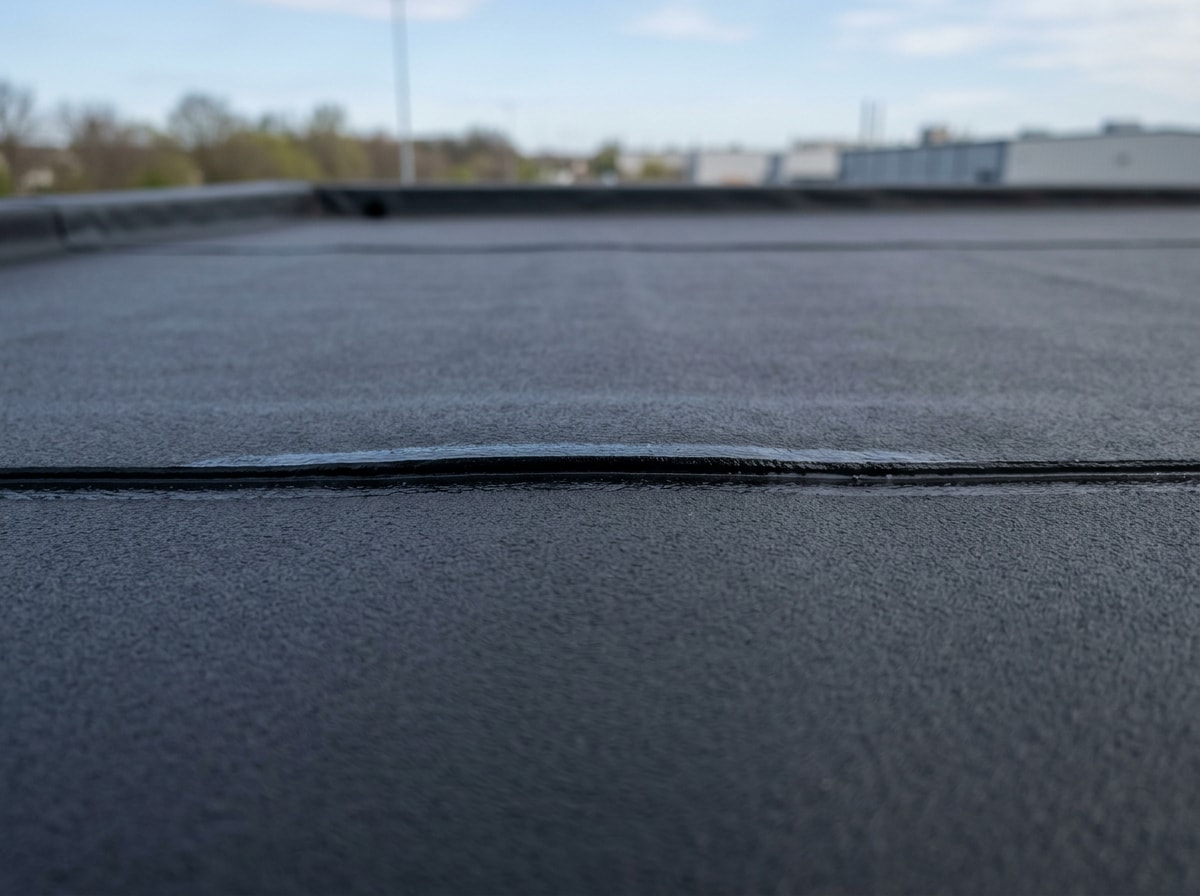 close-up of a newly installed black EPDM rubber roof membrane with sealed seams
