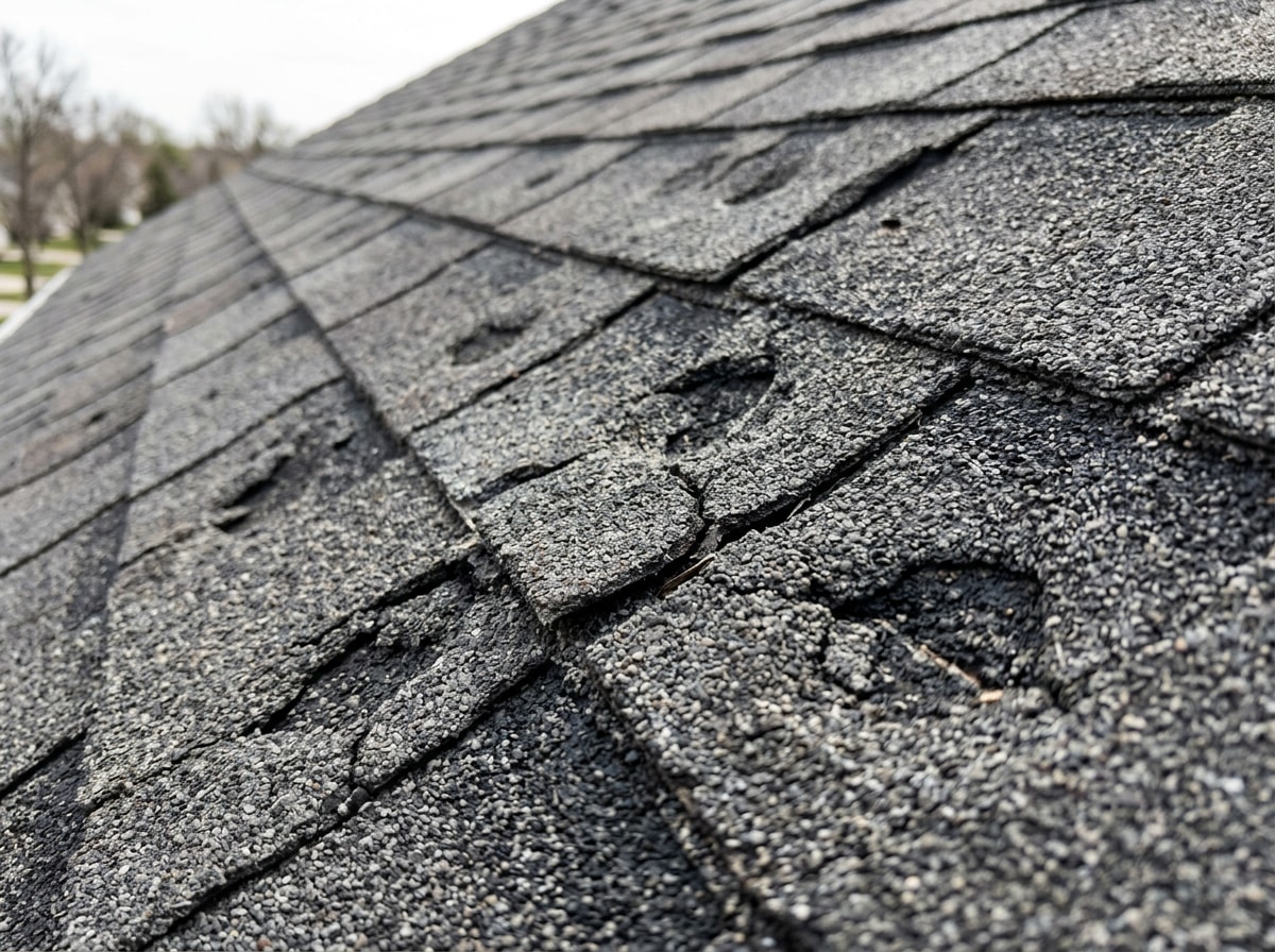 Close-up of hail-bruised and cracked asphalt shingles on a steep-slope roof