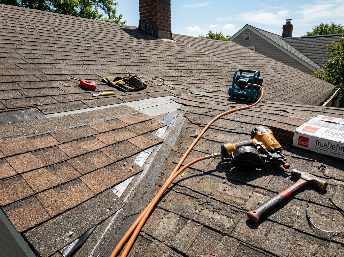 Roofing technician replacing a section of damaged asphalt shingles on a residential roof