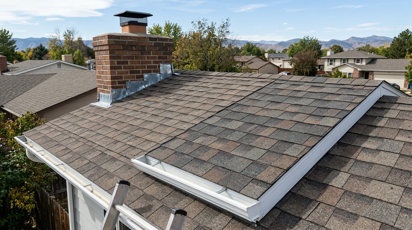 Freshly repaired asphalt shingle roof patch on a Highlands Ranch, CO home