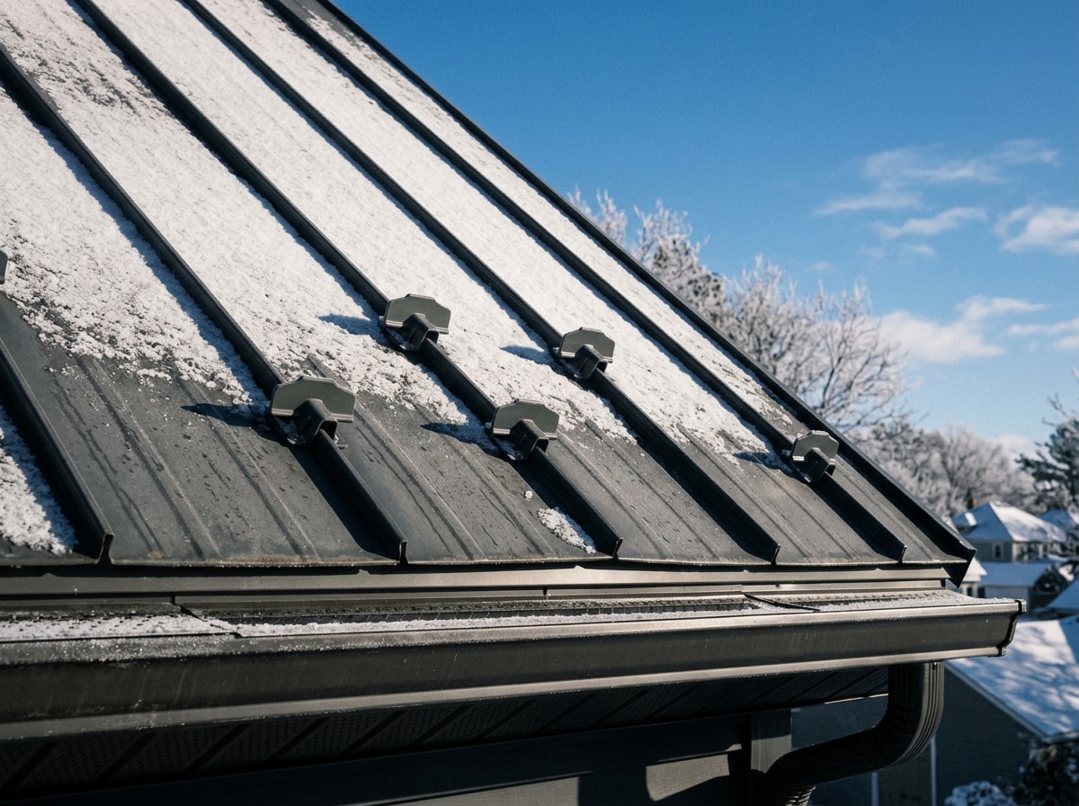 Staggered rows of clamp-style snow guards along the eave of a standing seam metal roof with light snow cover