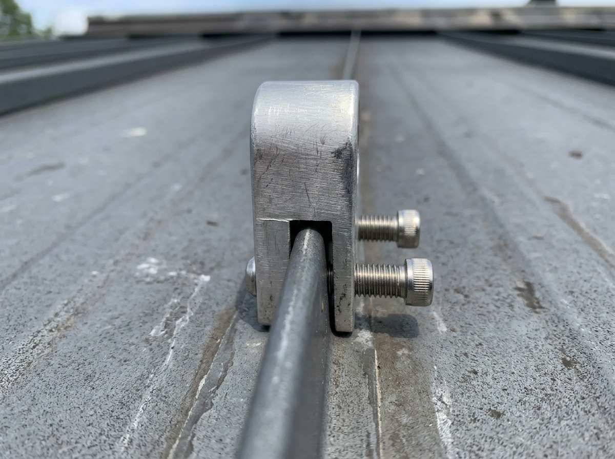 Close-up of a non-penetrating snow guard clamp mechanically attached to the rib of a standing seam metal roof panel