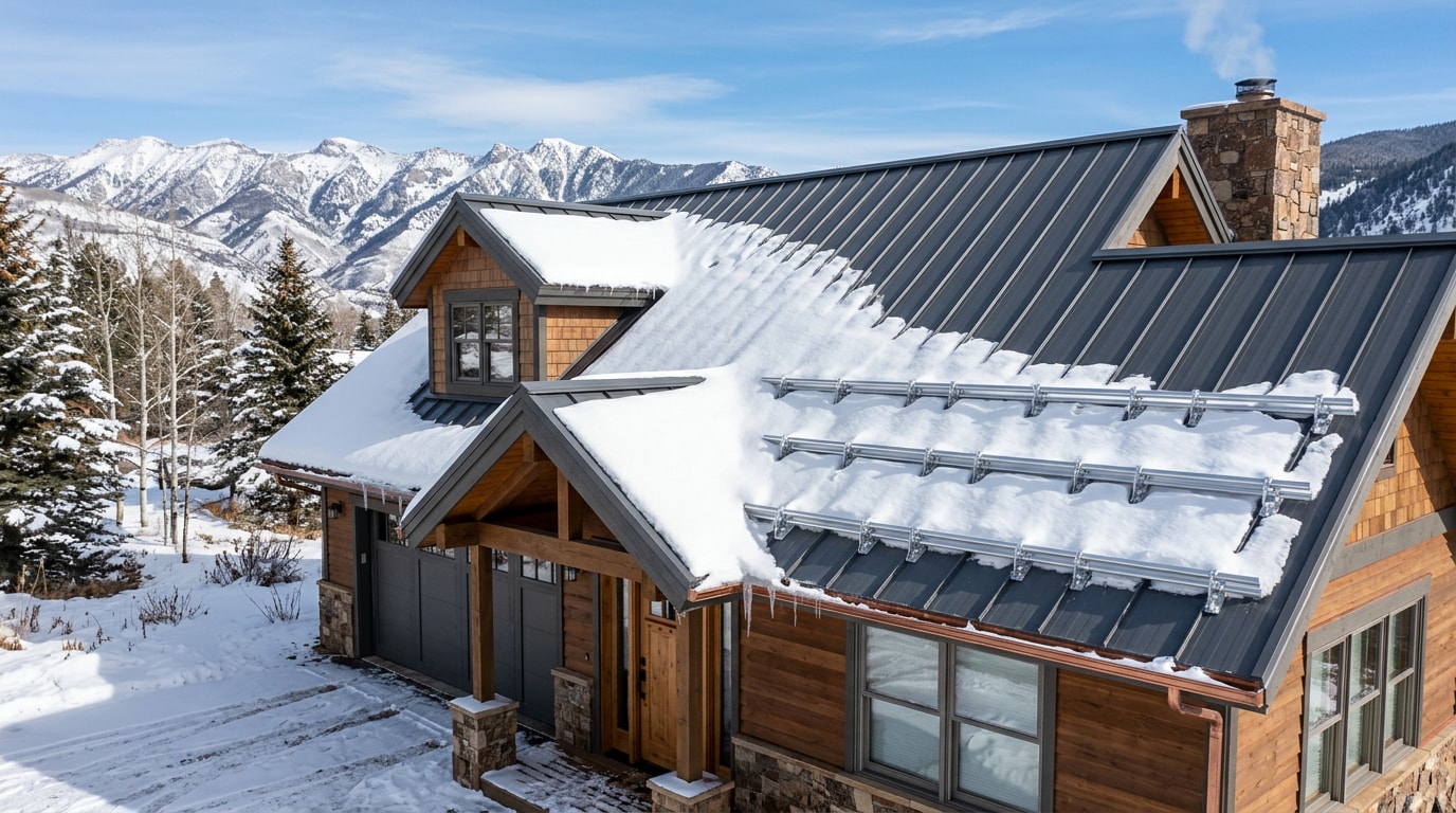 Snow guards installed in staggered rows on a standing seam metal roof in Littleton, Colorado Snow guards installed in staggered rows on a standing seam metal roof in Littleton, Colorado