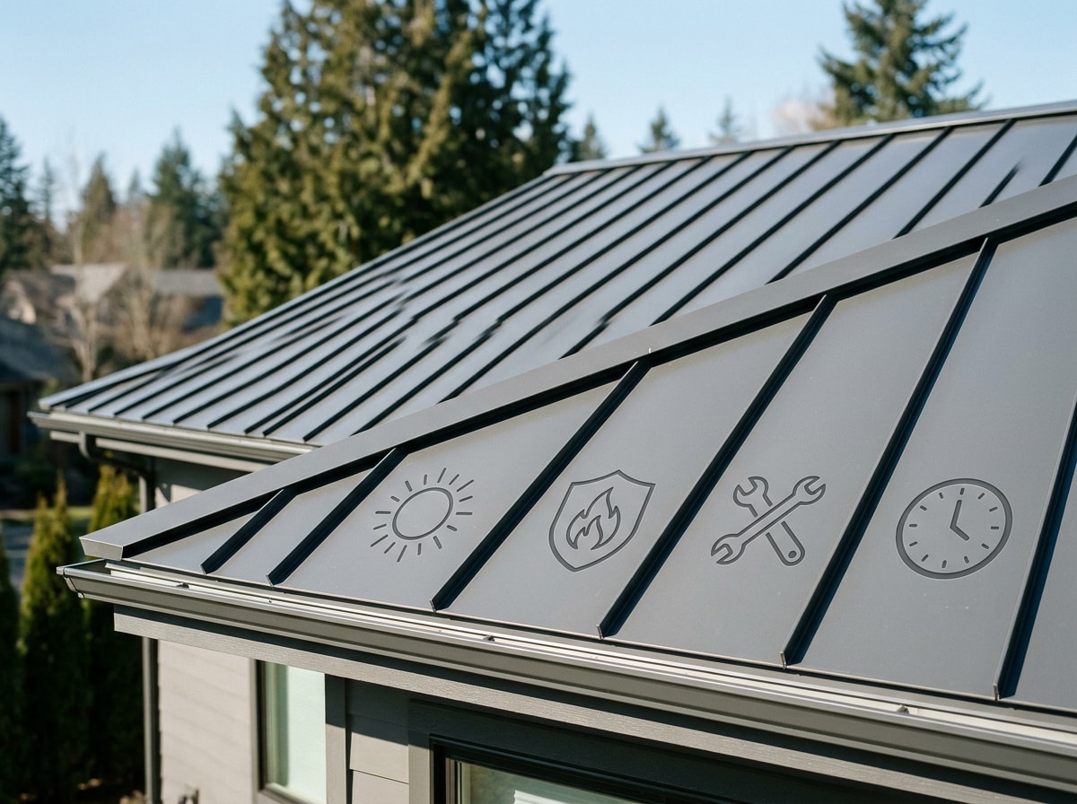Icon graphic showing top benefits of standing seam roofing including energy efficiency, fire resistance, low maintenance, and long lifespan
