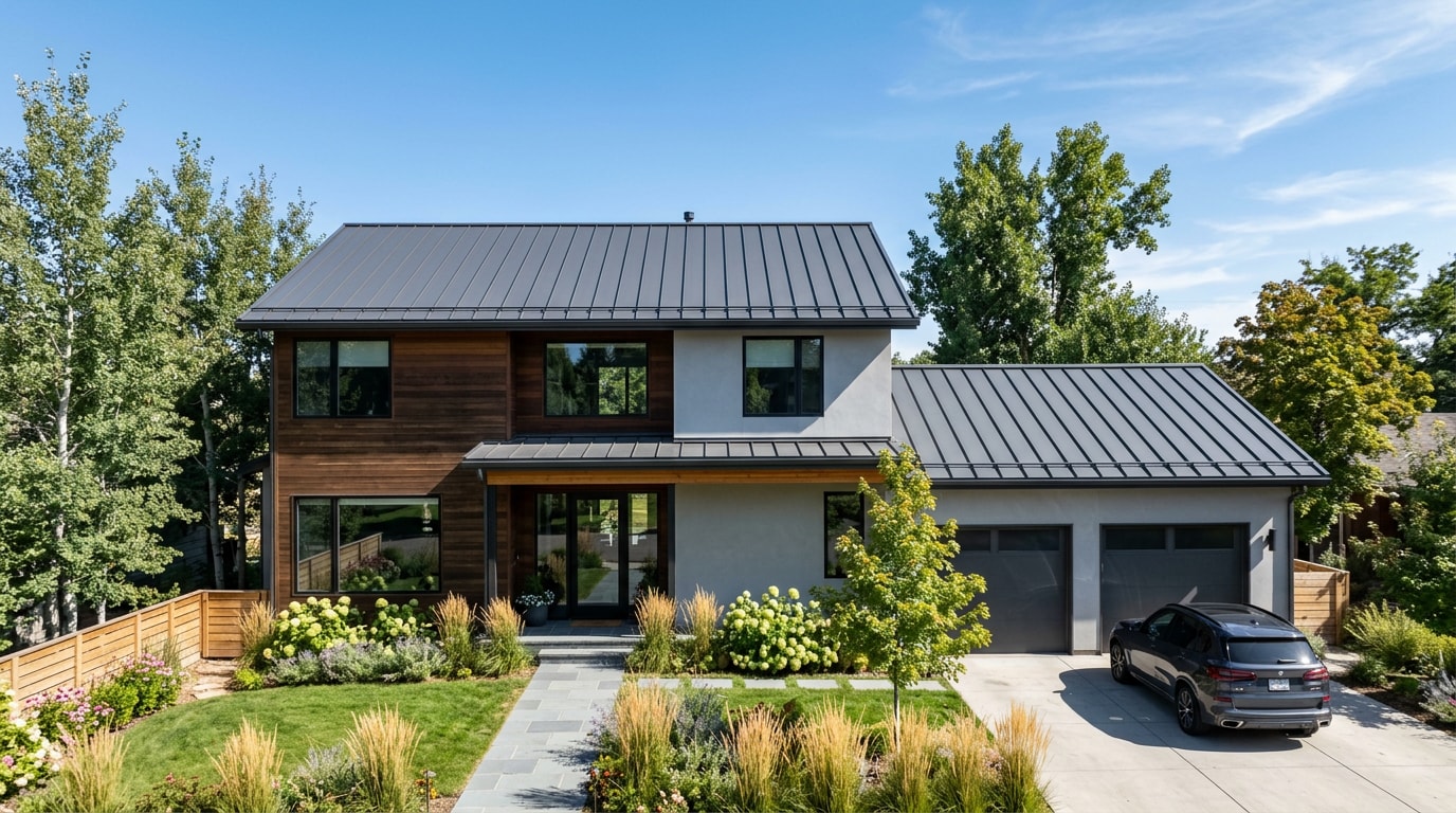 Finished home with a dark gray standing seam metal roof