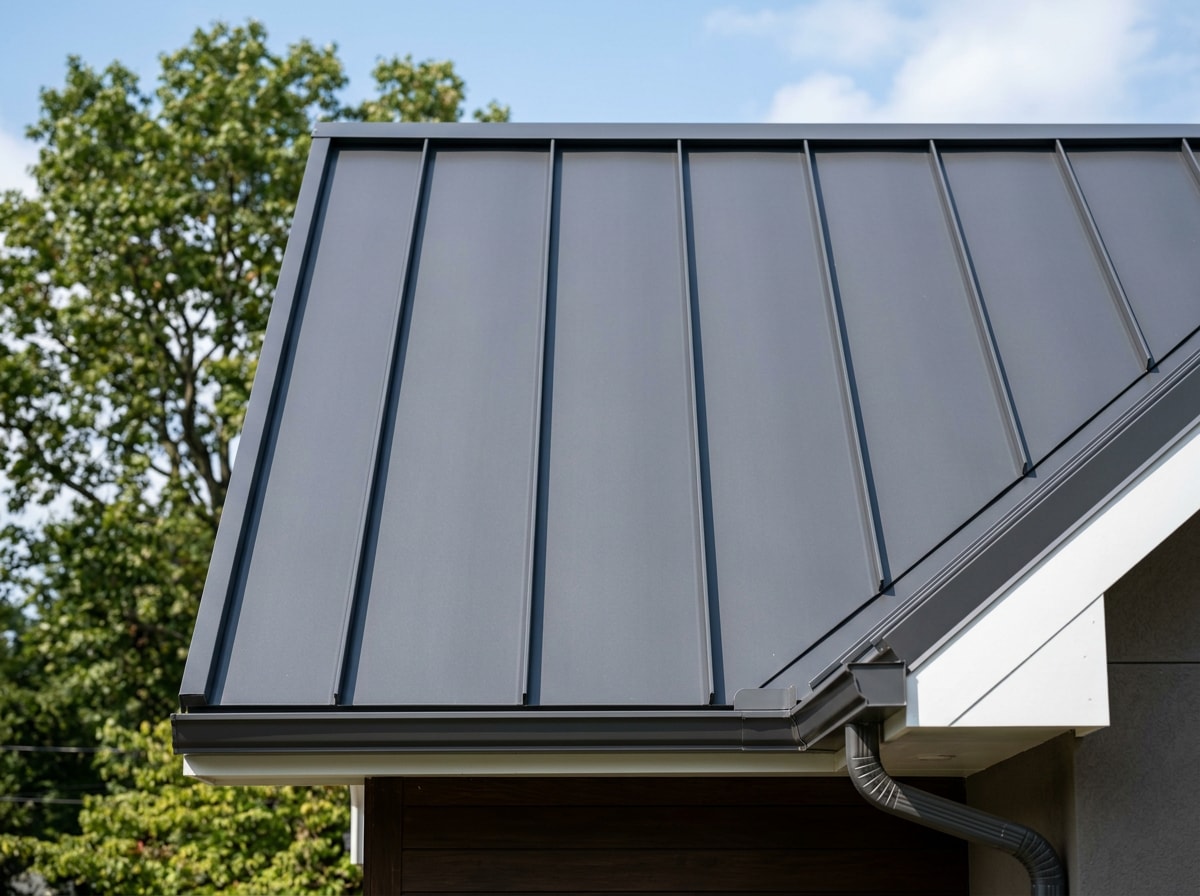 Installed steel standing seam roofing panels on a residential home in a suburban neighborhood