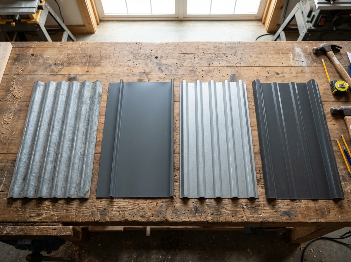 Side-by-side comparison of corrugated, standing seam, galvanized, and classic rib steel panel profiles