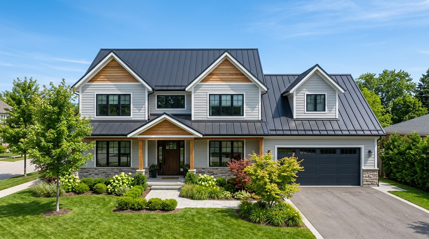 Home with a newly installed standing seam steel roofing panel system