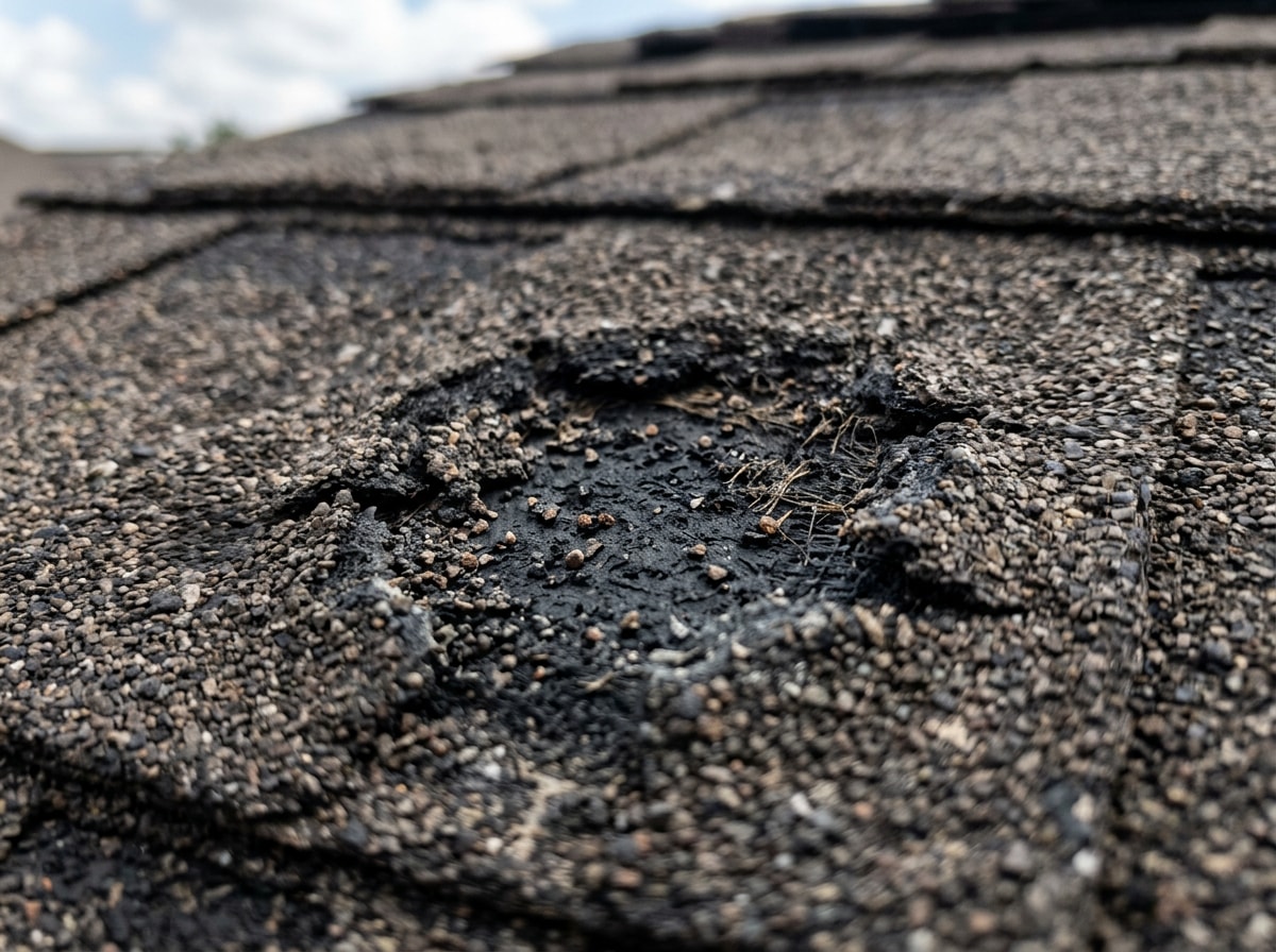 Close-up of hail-damaged asphalt shingle showing granule loss and impact bruising