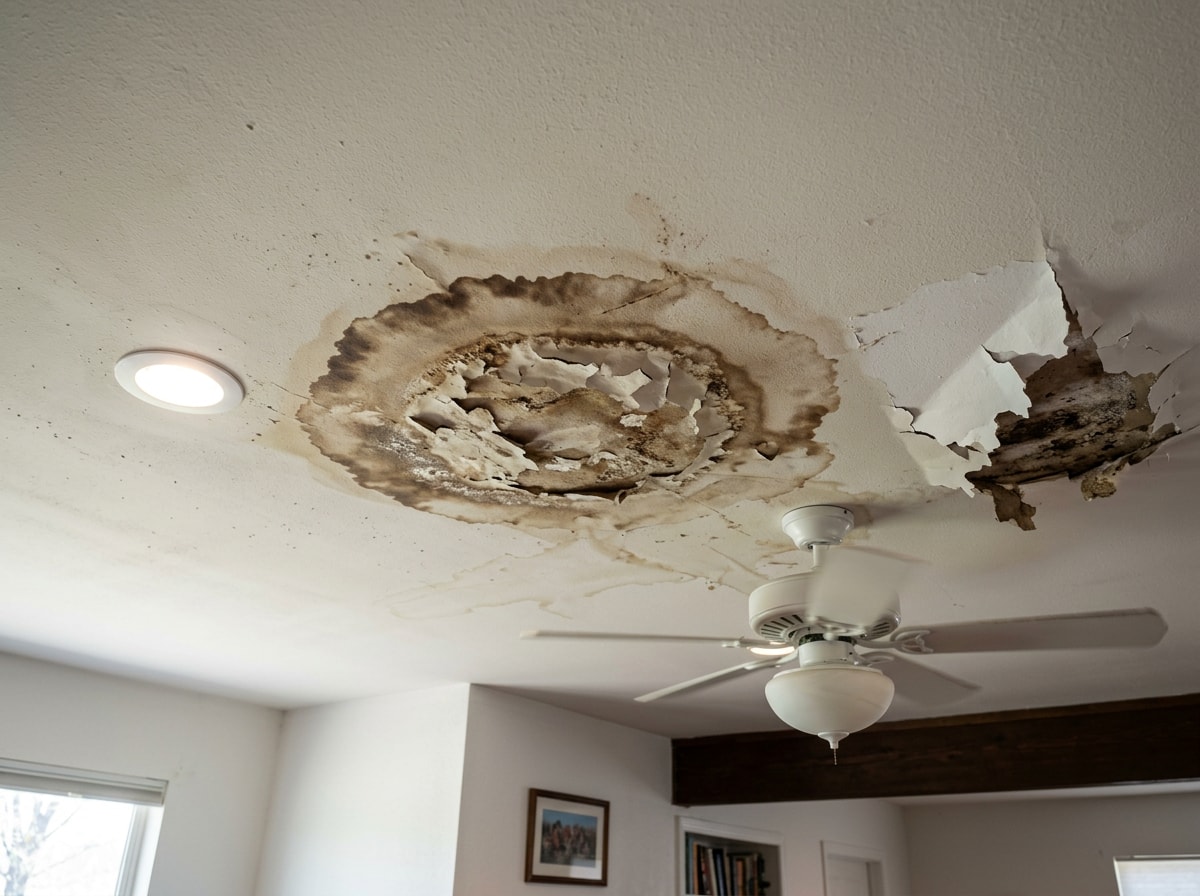 Water stain and discoloration on a ceiling caused by a roof leak after a storm