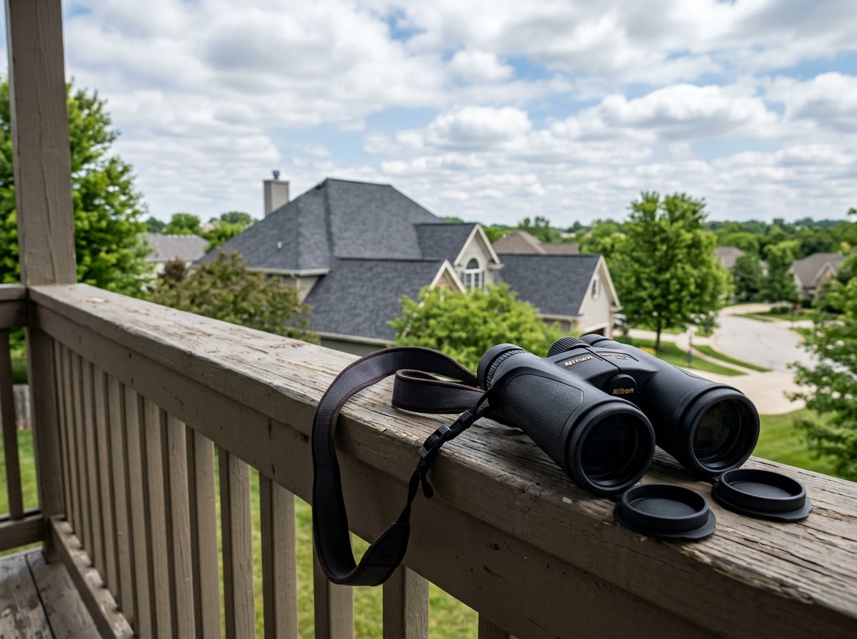 Homeowner using binoculars to inspect roof shingles from the ground after a storm