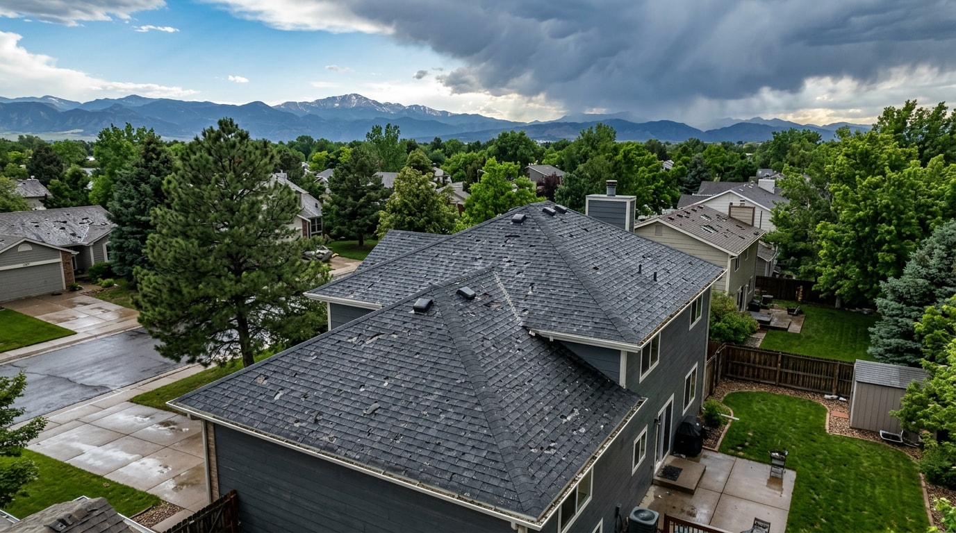 Aerial view of a residential asphalt shingle roof showing hail damage after a Colorado storm