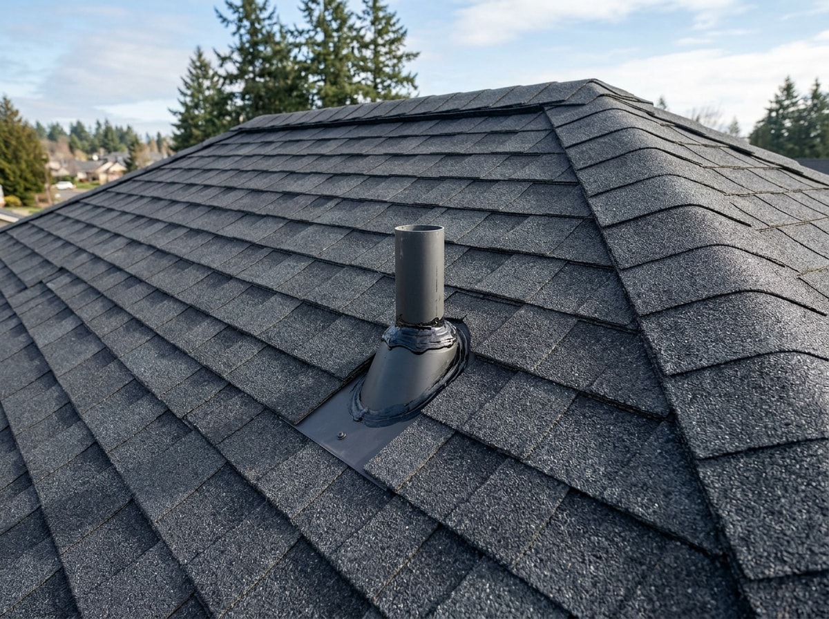 Finished architectural asphalt shingle roof on a two-story suburban home with clean ridge lines and new flashing