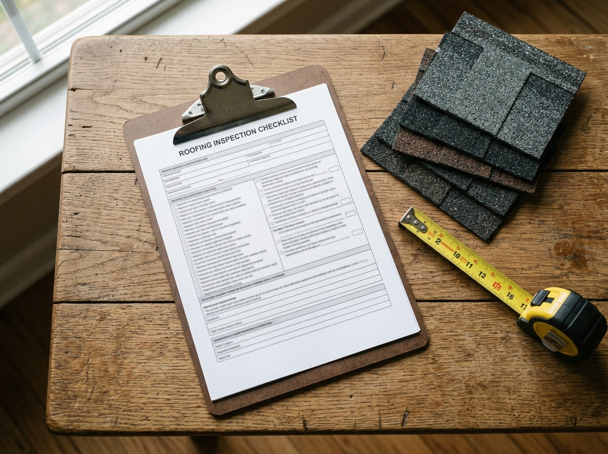Clipboard with a roofing inspection checklist resting on a stack of asphalt shingle samples and a tape measure, no people visible