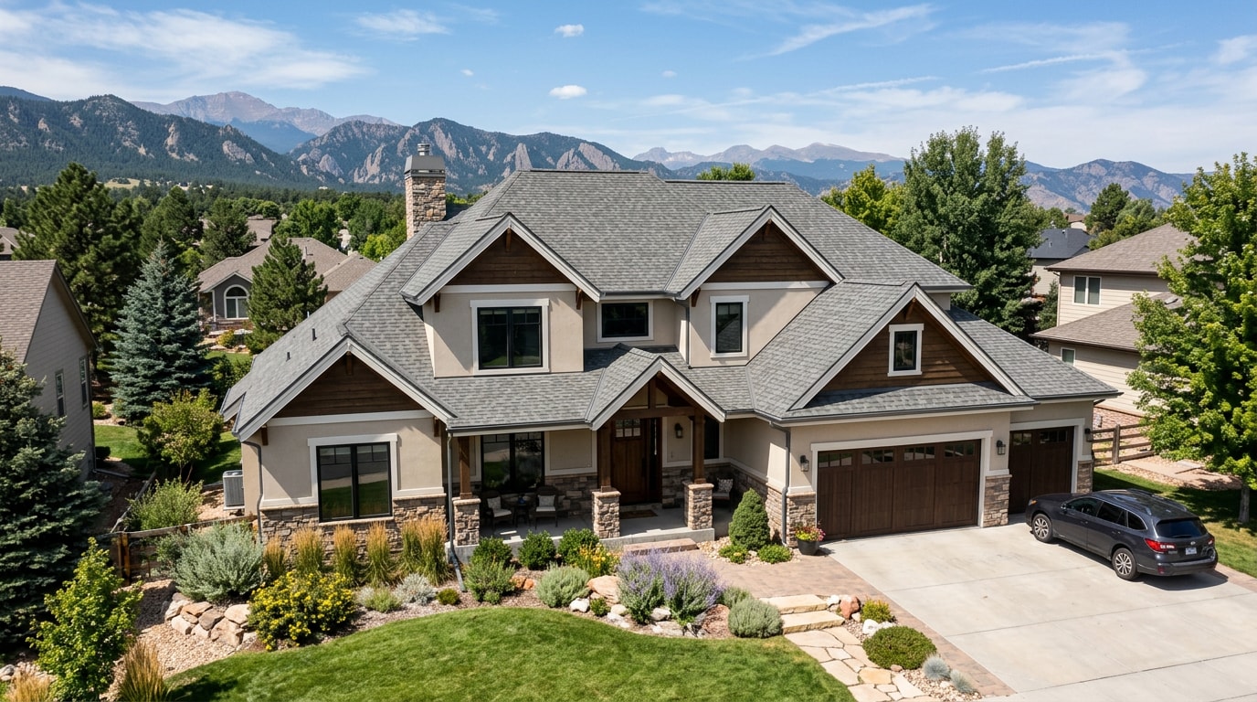 Finished asphalt shingle roof on a suburban Colorado home Finished asphalt shingle roof on a suburban Colorado home