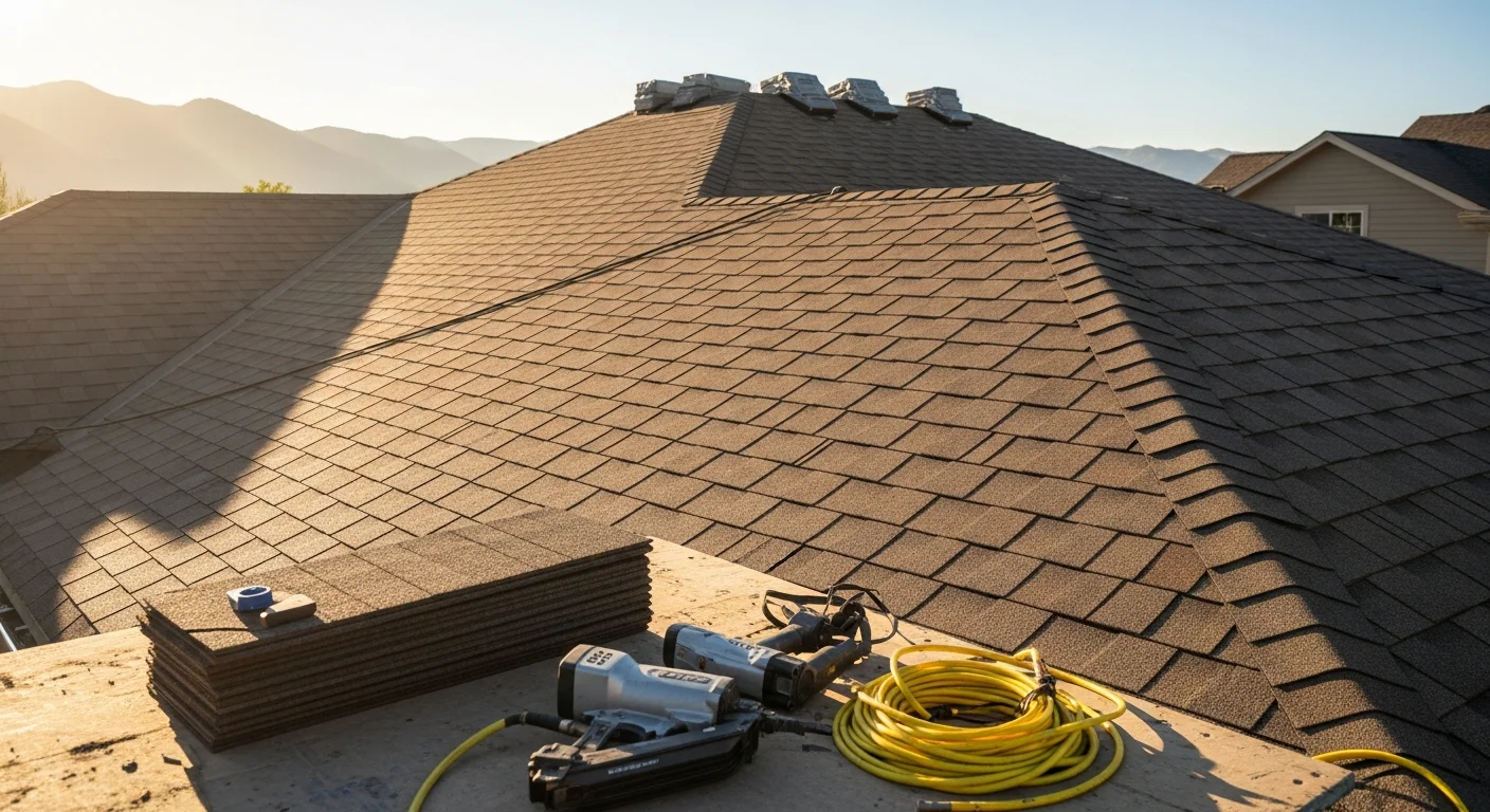 Professional roofer installing new shingles on residential home