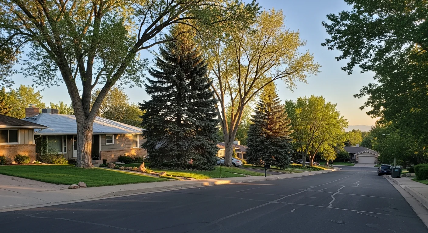 Residential street in Littleton with mature trees and single-family homes typical of South Denver suburbs.