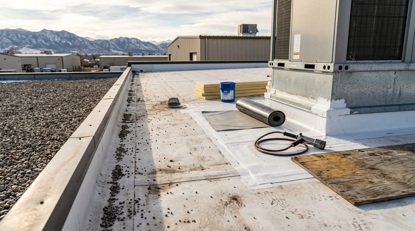 A commercial flat roof in Littleton, Colorado showing a completed membrane repair with sealed seams and cleared drainage areas. The building sits against a typical Front Range sky with the Rocky Mountain foothills visible in the background.