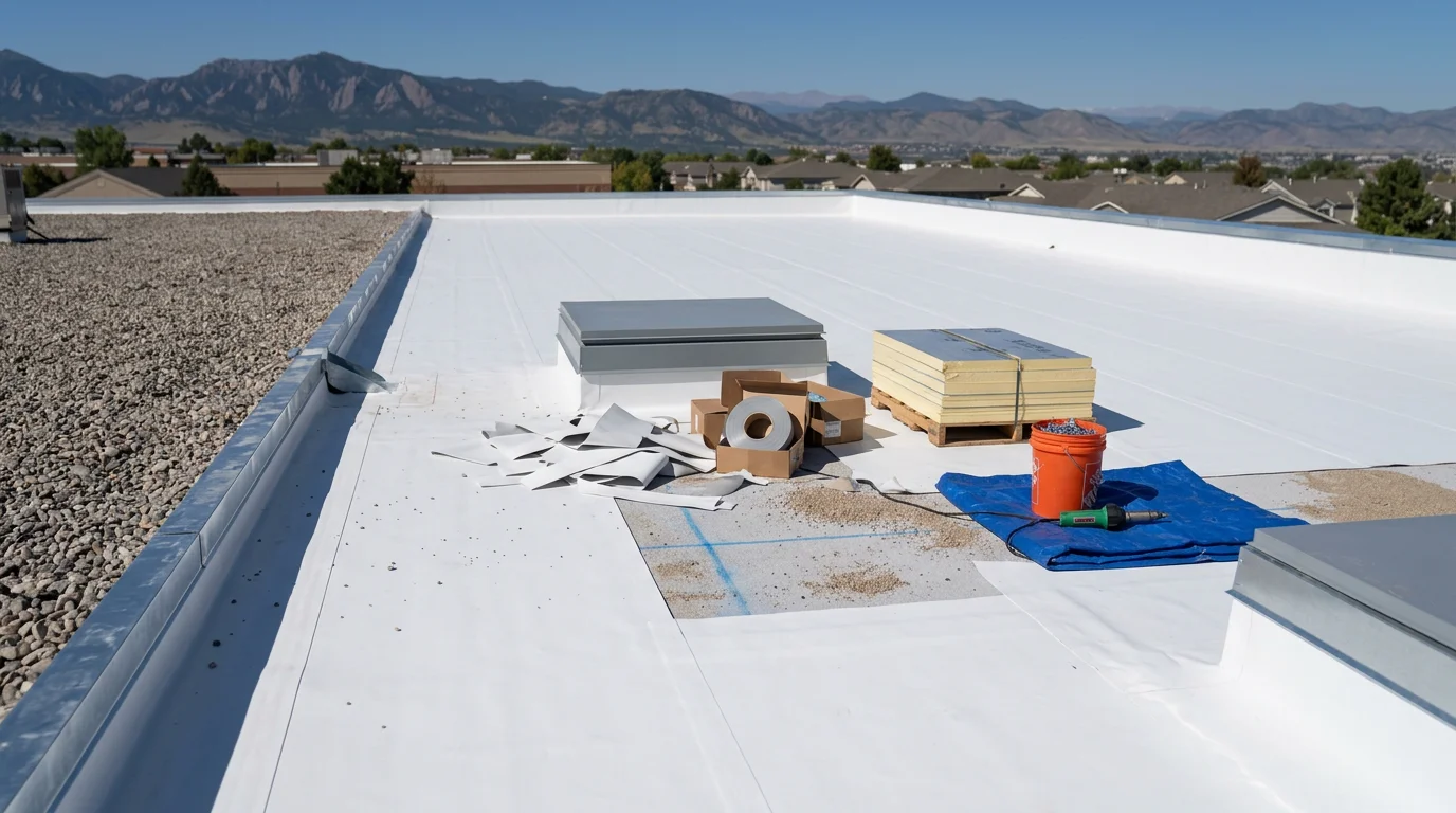 A completed commercial flat roof replacement on a Littleton, Colorado business building, showing a clean membrane surface with proper drainage slope and sealed penetrations under clear Front Range skies.