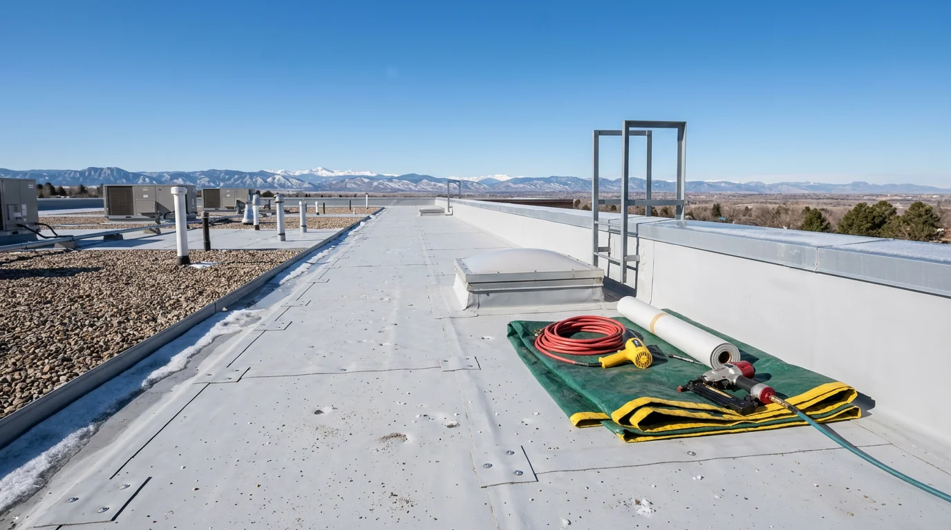 A flat commercial roof on an office building in Littleton, Colorado, showing a low-slope membrane system with rooftop mechanical units and the Front Range foothills visible in the background. A roofing contractor inspects the field seams and drainage points following a hail event.