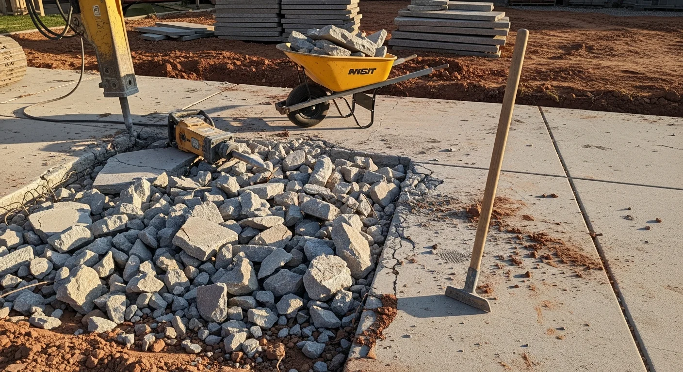 A concrete demolition crew breaking up a cracked residential driveway slab at a Littleton, CO home. Broken concrete pieces are staged near a haul-away truck with the cleared subbase visible.