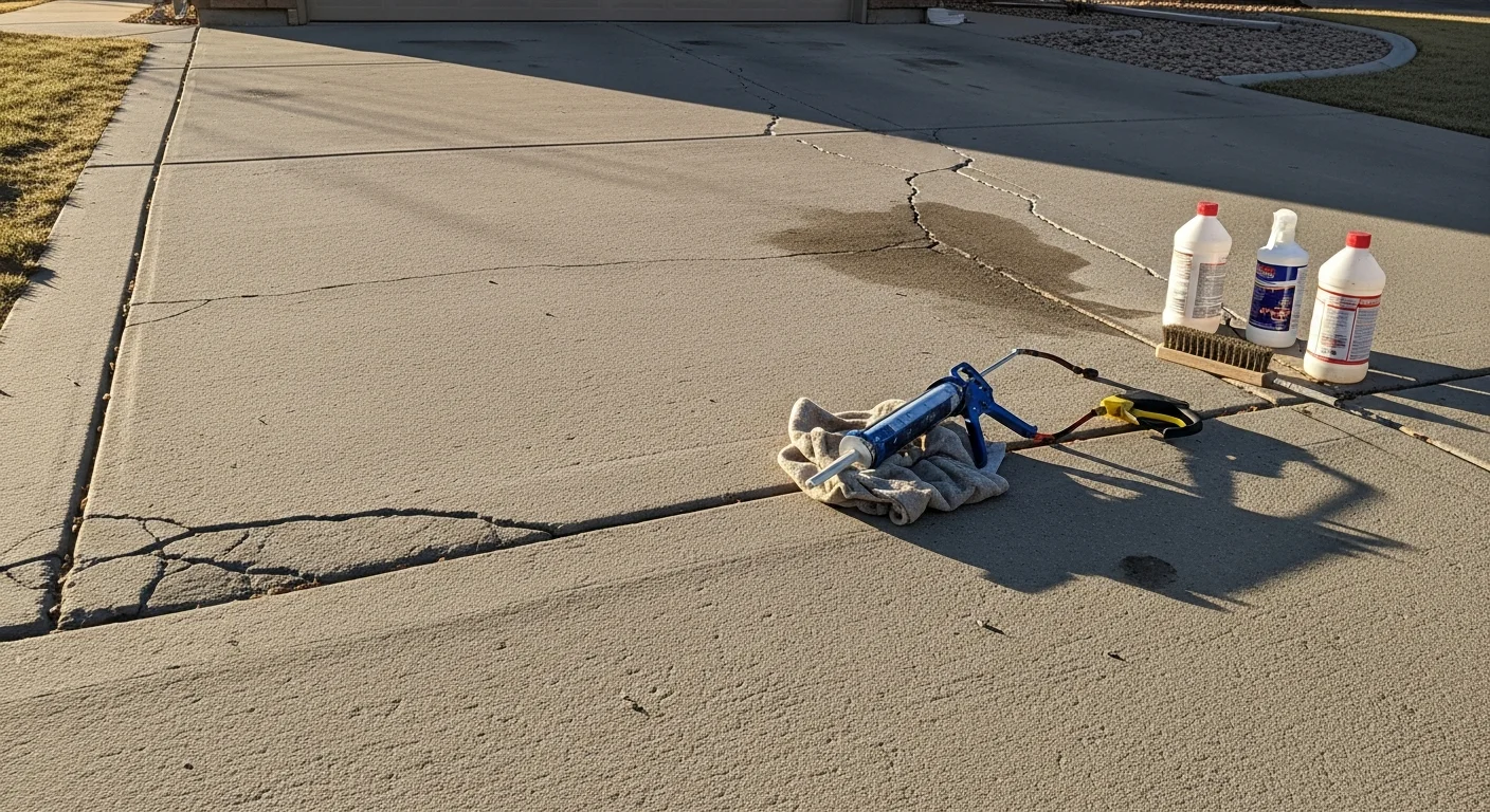 A repaired residential concrete driveway in Littleton, Colorado showing a smooth, crack-free surface after patching and resurfacing. The flatwork runs from the garage to the street with no visible spalling or uneven joints.