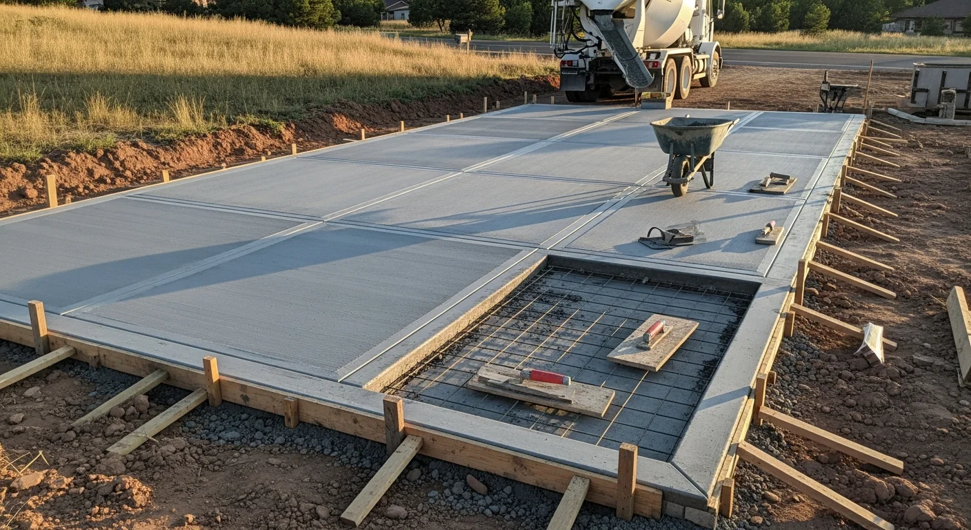 A freshly poured concrete driveway replacement at a residential property in Littleton, Colorado, showing a smooth, flat slab with clean edges and a prepared sub-base visible at the border. The surrounding yard and attached garage are visible in the background.