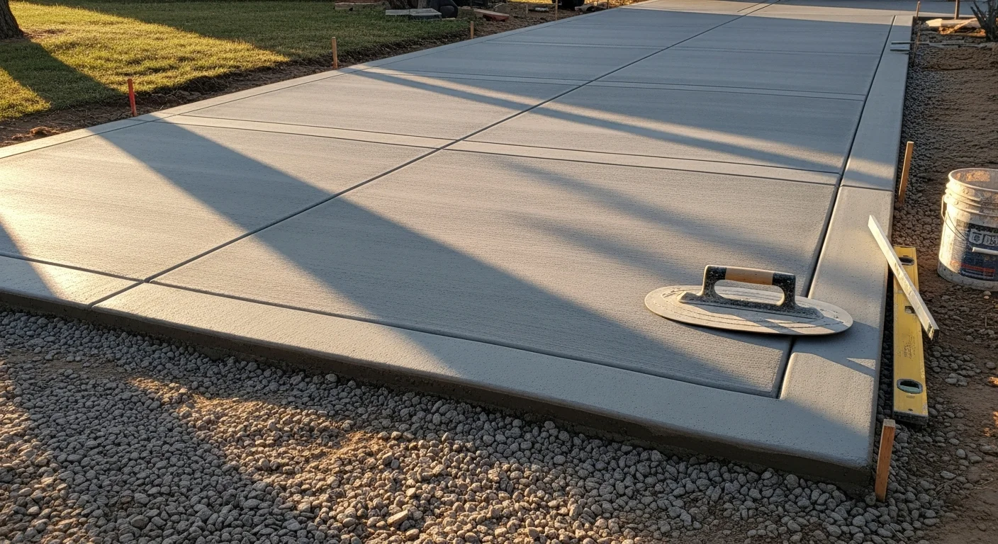 Freshly poured and broom-finished concrete driveway at a single-family home in Littleton, Colorado, with clean control joints and a smooth apron meeting the garage floor. The surrounding lawn and front landscaping are intact following slab removal and replacement.