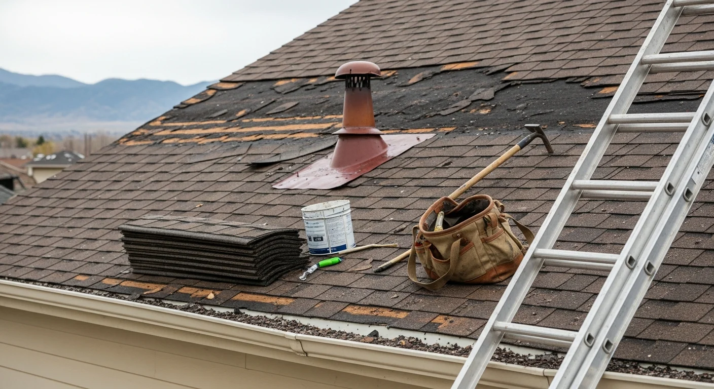 A Littleton residential roof with storm-damaged shingles and exposed decking being secured with protective tarping by a roofing contractor. Close-up view shows hail impact marks on flashing and granule loss along the roof slope.