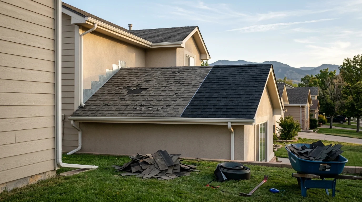 A residential roof in Littleton, Colorado showing completed shingle replacement on a steep-pitch home with the Front Range foothills visible in the background. Close-up view of new roofing installed around a chimney flashing and valley transition.