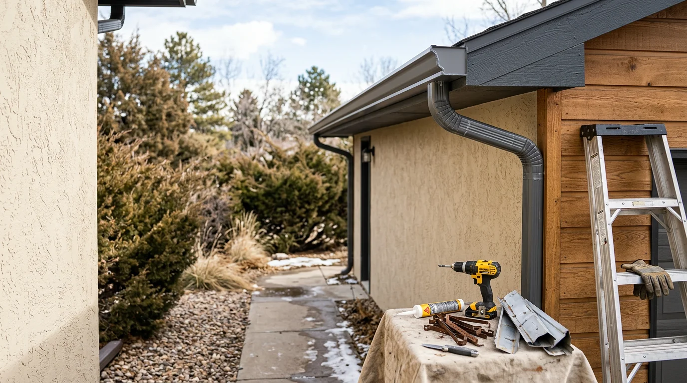 A repaired residential gutter along a home roofline in Littleton, Colorado, with reseated hangers and a clear downspout directing water away from the foundation. Close-up view shows a flush, properly pitched gutter channel with no visible gaps or sagging sections.