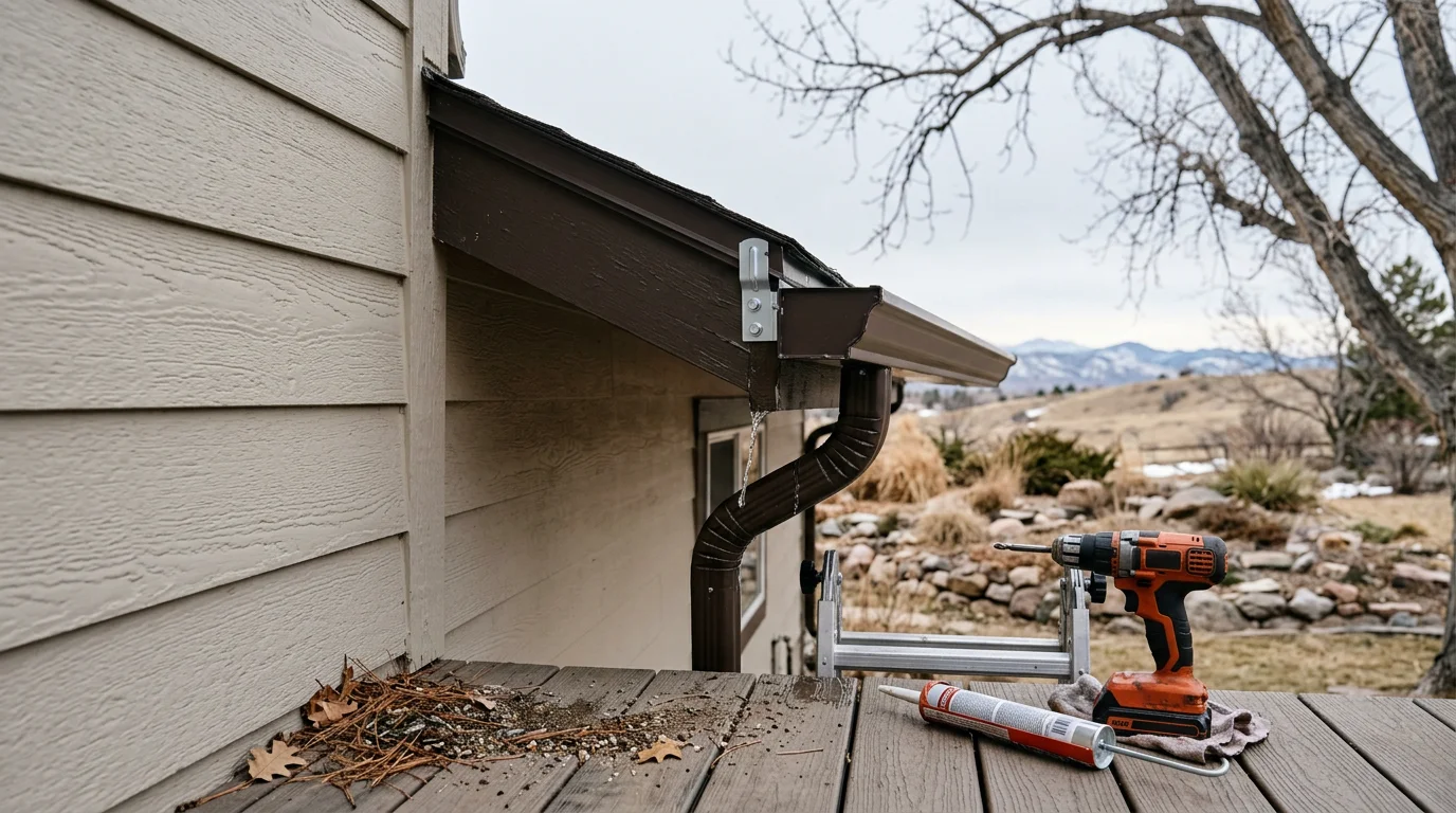 A freshly installed seamless gutter system on a residential home in Littleton, Colorado, with a downspout directing water away from the foundation. Clear skies and the Front Range foothills are visible in the background.