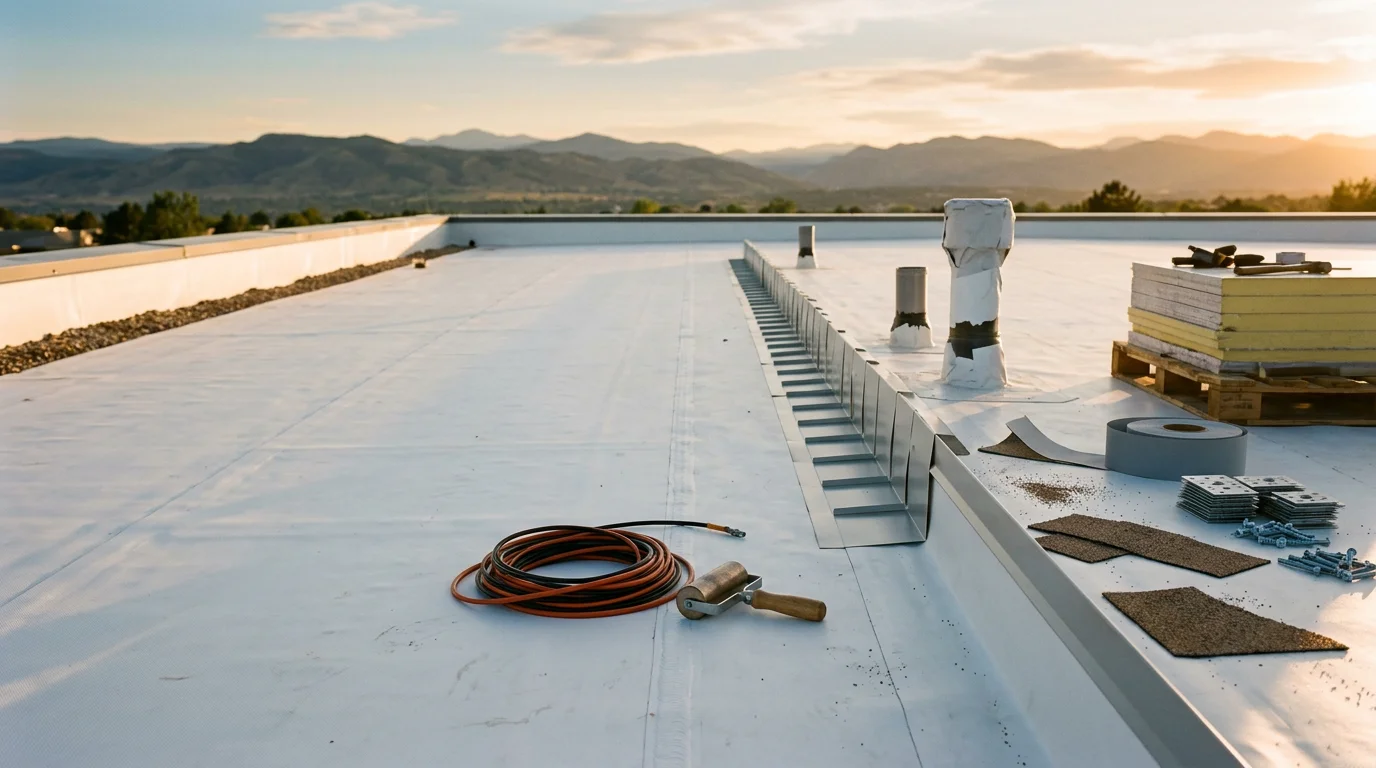 A commercial flat roof in Littleton, Colorado showing a completed membrane repair with clean flashing detail around a rooftop penetration. The Denver metro skyline is visible in the background under a partly cloudy Colorado sky.