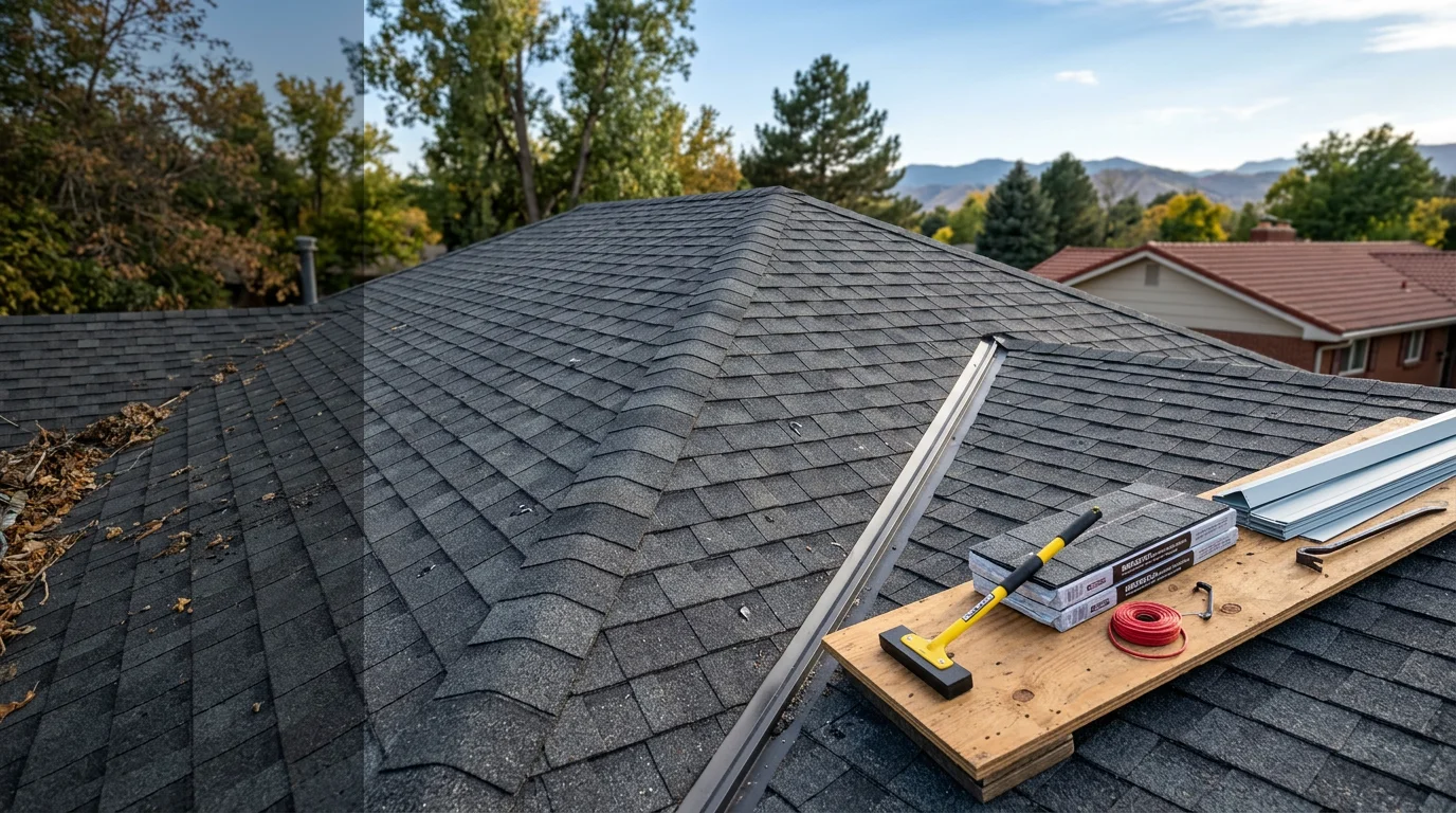 A residential roof in Littleton, Colorado showing a completed shingle replacement on a multi-plane hillside home. The finished roof sits against the Front Range foothills backdrop common to the Ken Caryl area.