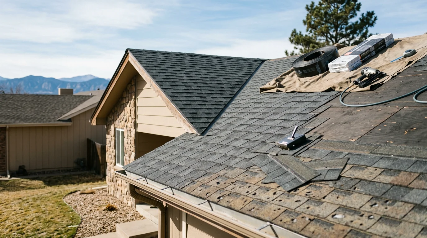 A residential roof in Littleton, Colorado showing a completed roofing inspection on a single-family home with the Front Range foothills visible in the background. A Crestline Exteriors crew member reviews the roof surface on a clear Colorado day.