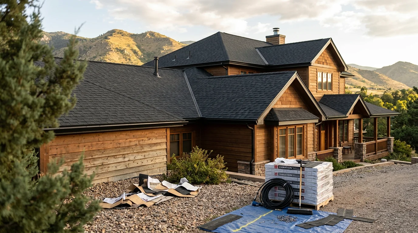 A newly completed residential roof installation on a Littleton, Colorado home, showing clean ridge lines and fresh roofing material against a Front Range sky. The home sits in a typical Littleton neighborhood with the foothills visible in the background.